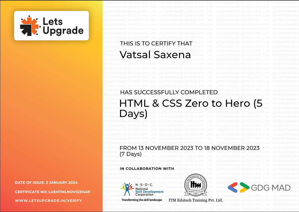 Vatsal Saxena | Certificates